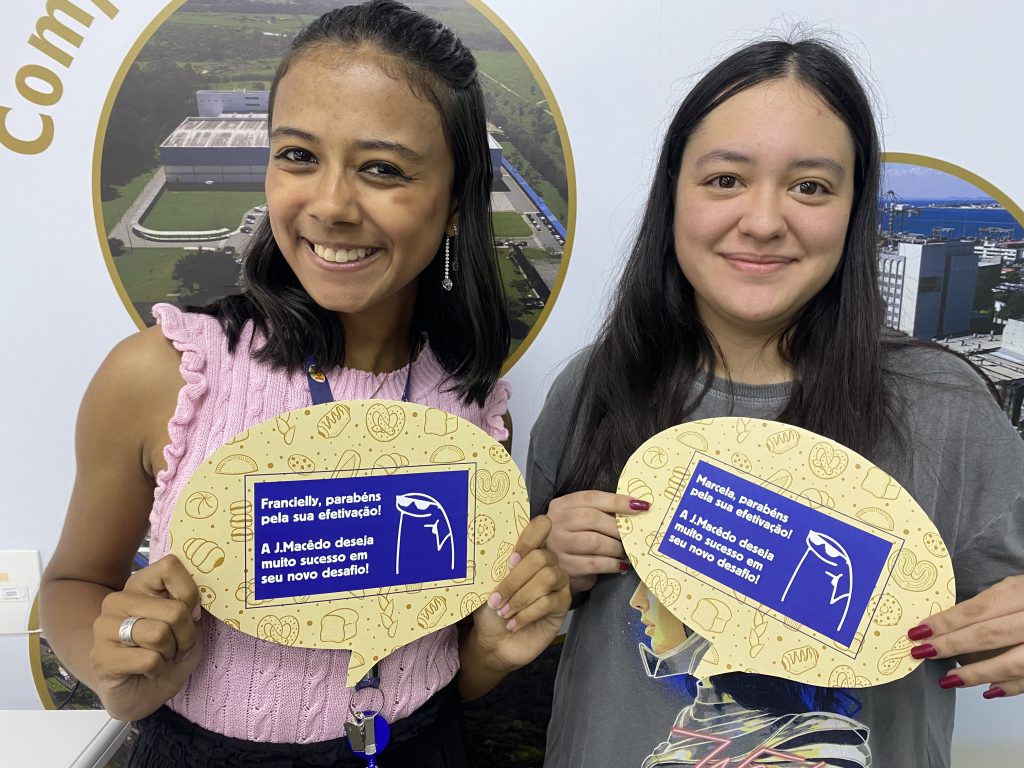 Jovem aprendiz Espro Franciely e Jovem Aprendiz Espro Marcela são efetivadas na empresa parceira J.Macêdo em que realizaram a atividade prática do Programa de aprendizagem