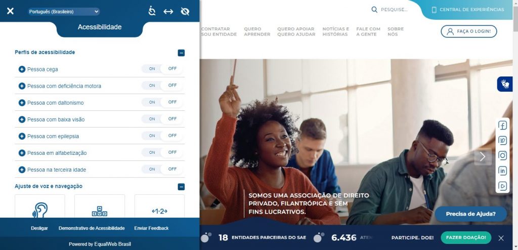 Site do Espro com o recurso de acessibilidade. Na tela mostra o botão onde clicamos e como podemos fazer.