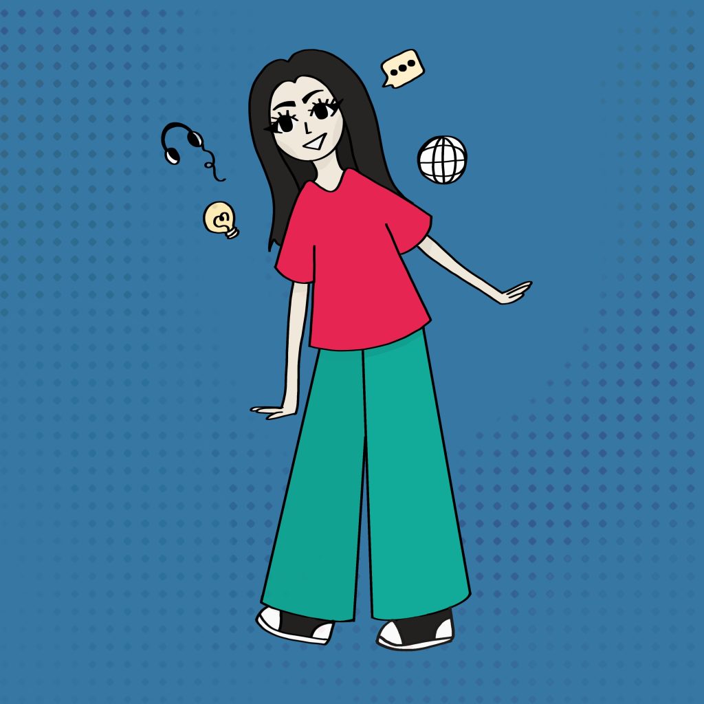 Desenho da Alice Maria De Resende Souza retrata uma jovem Espro e tem em torno dela elementos de conversa, música, conexão e ideias. 