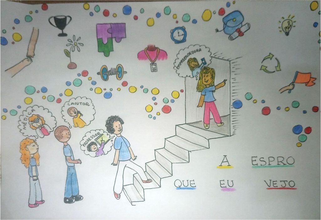 Desenho da jovem artista Jovem Ana Caroline Chaves da Costa mostra um jovem no começo de uma escada e outro já no final dela mostrando um caminho para o futuro. Há também desenhos que representam sonhos e metas que estão sendo imaginadas pelos personagens 