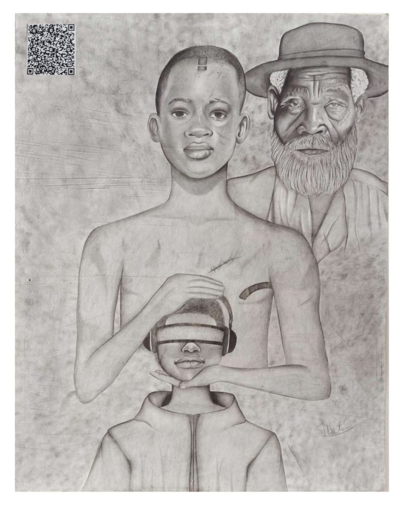 O desenho da jovem Larissa Brito Rocha retrata uma criança, um jovem e um idoso. 