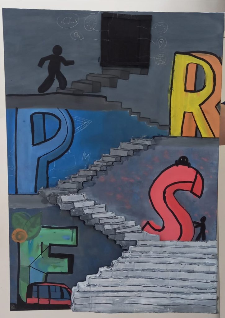 Desenho da jovem artista Kerolay Adrielle Hahn Sartor retrata o Espro e cada letra da marca como um degrau para subida na vida do jovem. 