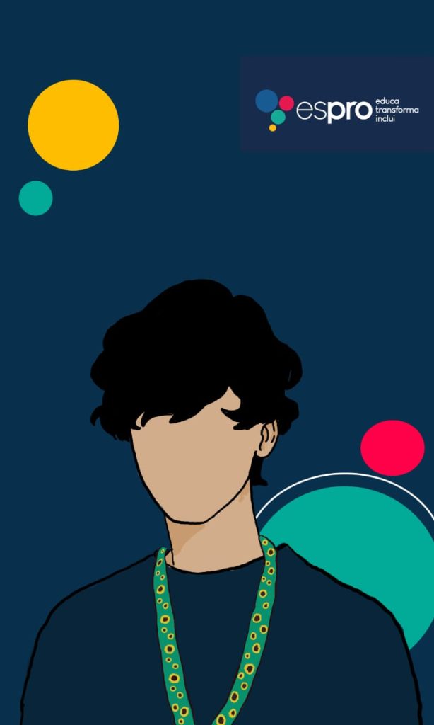 Desenho do jovem artista Lucas Gonçalves Da Silva retrata uma pessoa branca com o cordão de girassol e o Espro com ambiente de inclusão
