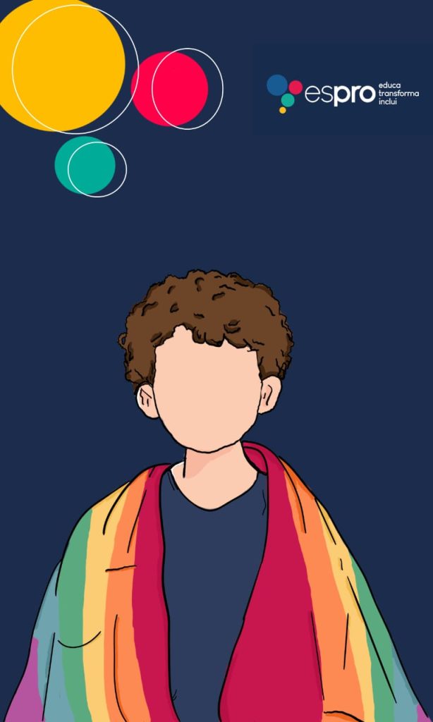 Desenho do jovem Lucas Gonçalves Da Silva retrata uma pessoa, branca da comunidade ou aliada, com a bandeira lgbtqiapn+ e o Espro com ambiente de inclusão