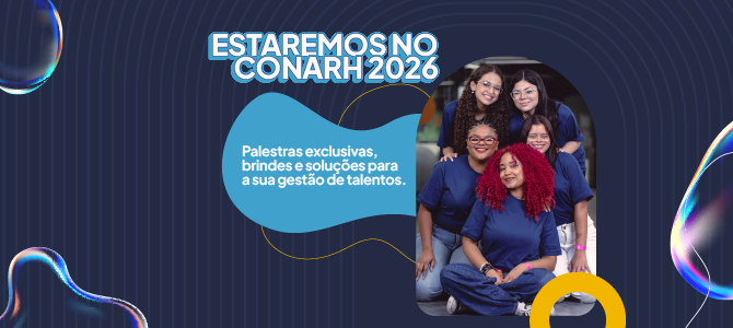 Banner azul promocional com a frase: "Estaremos no CONARH 2026. Palestras exclusivas, brindes e soluções para a sua gestão de talentos." À direita, foto de cinco jovens Espro sorridentes usando camisetas azuis escuras.